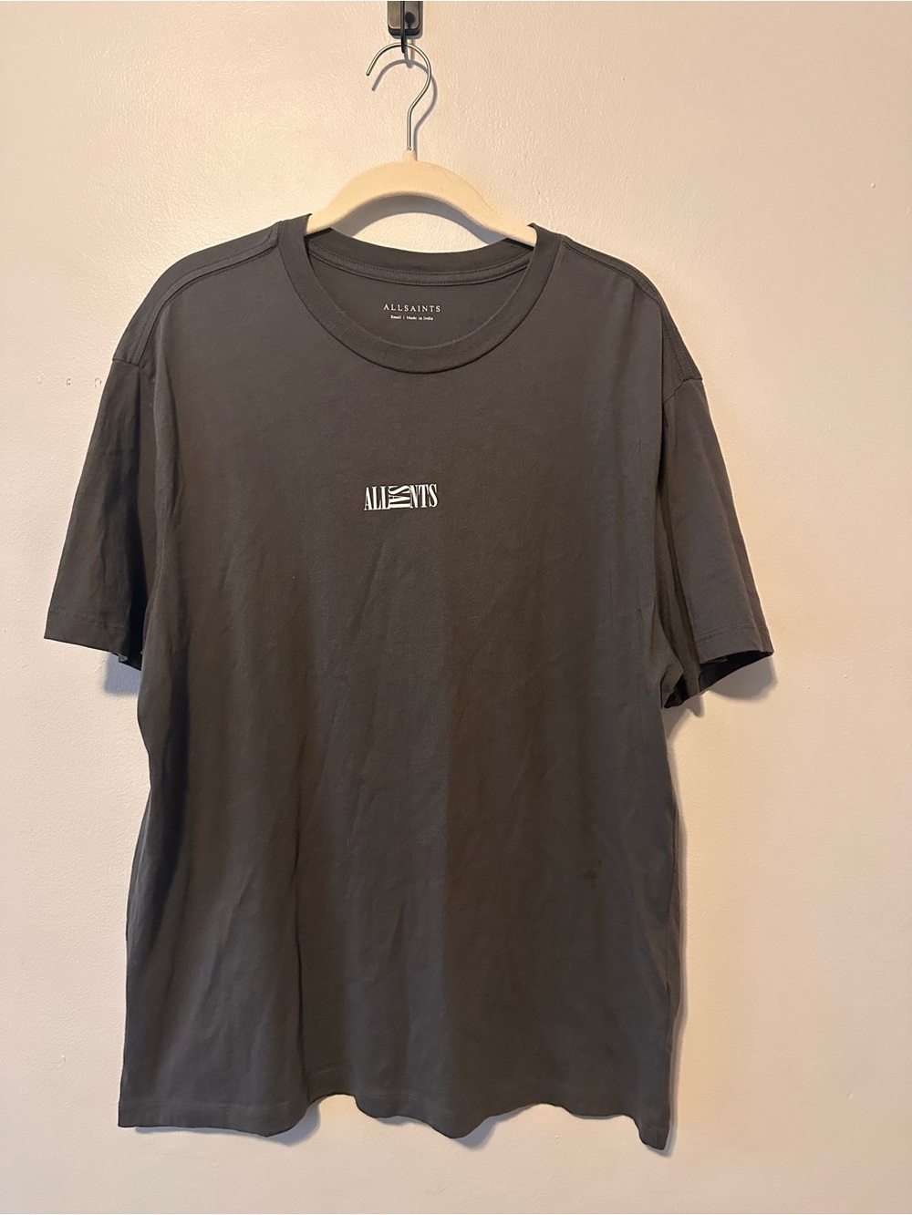 AllSaints Charcoal Grey Logo Graphic Oversized T-Shirt Size Small 100% Cotton